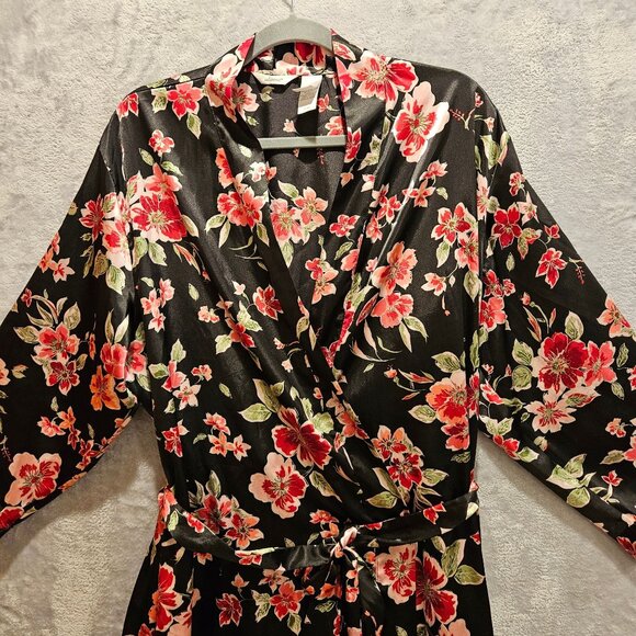 Addona Satin Robe Women XL Floral Black pink red Satin tie sexy hibiscus leisure - Picture 3 of 12